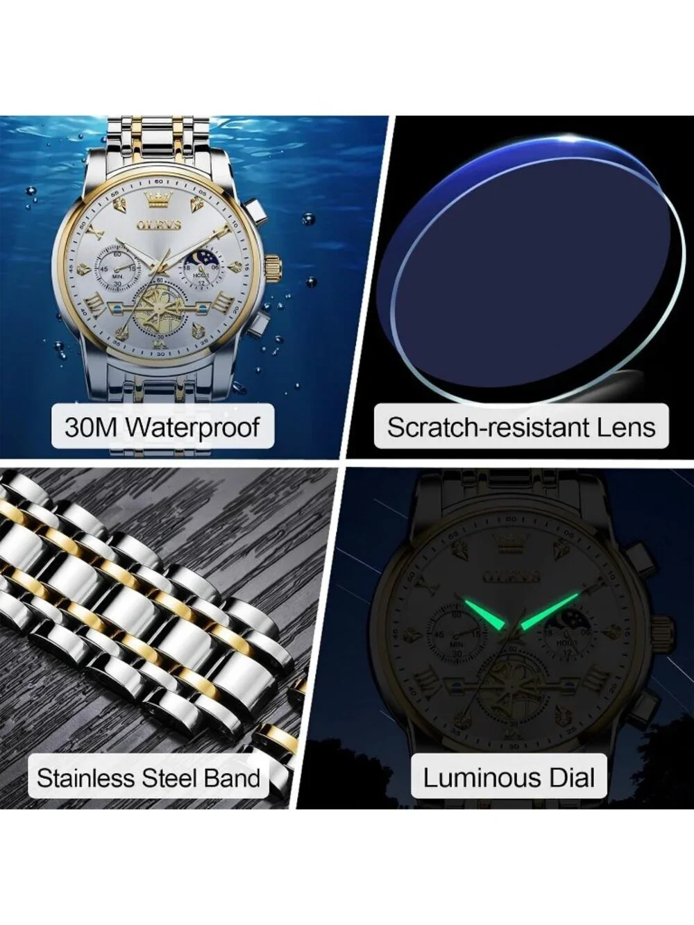 Men's White / Two-tone Stainless Steel Chronograph Waterproof Quartz Dress Watch